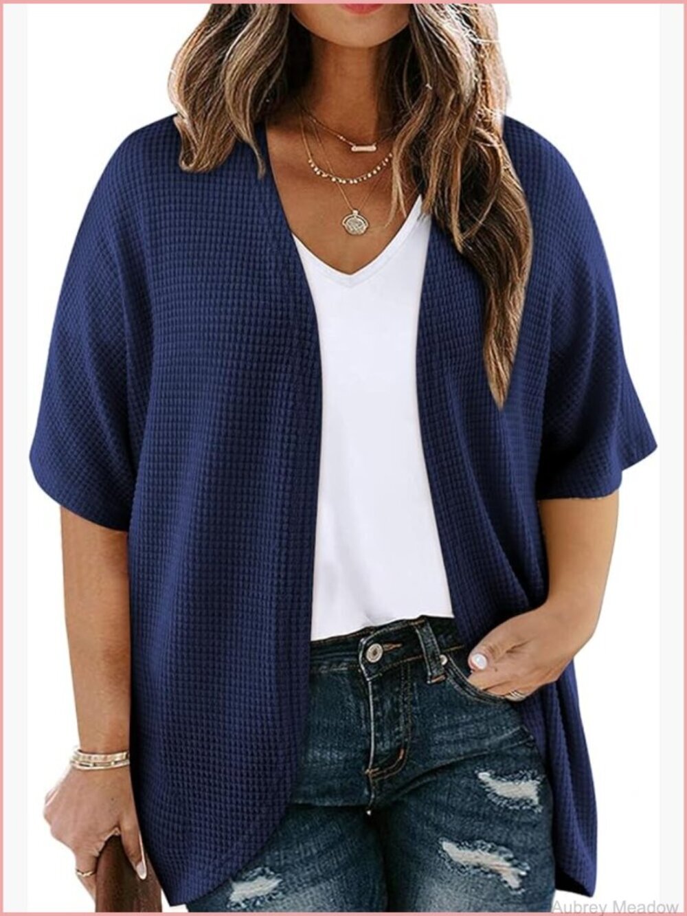 Plus Size Waffle Knit Kimono Cardigan Open Front Short Sleeve Summer Layering